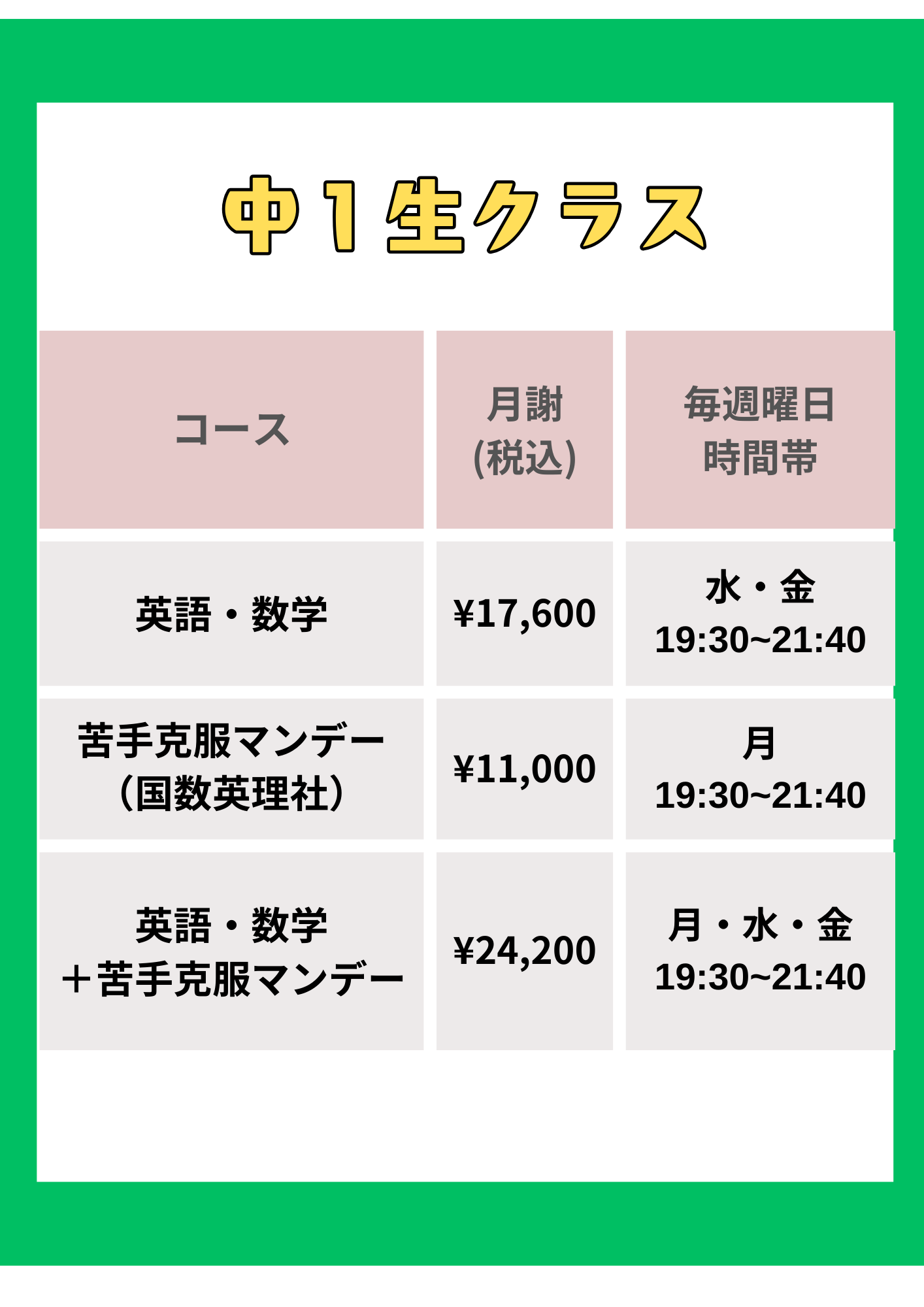 中1生クラス料金表