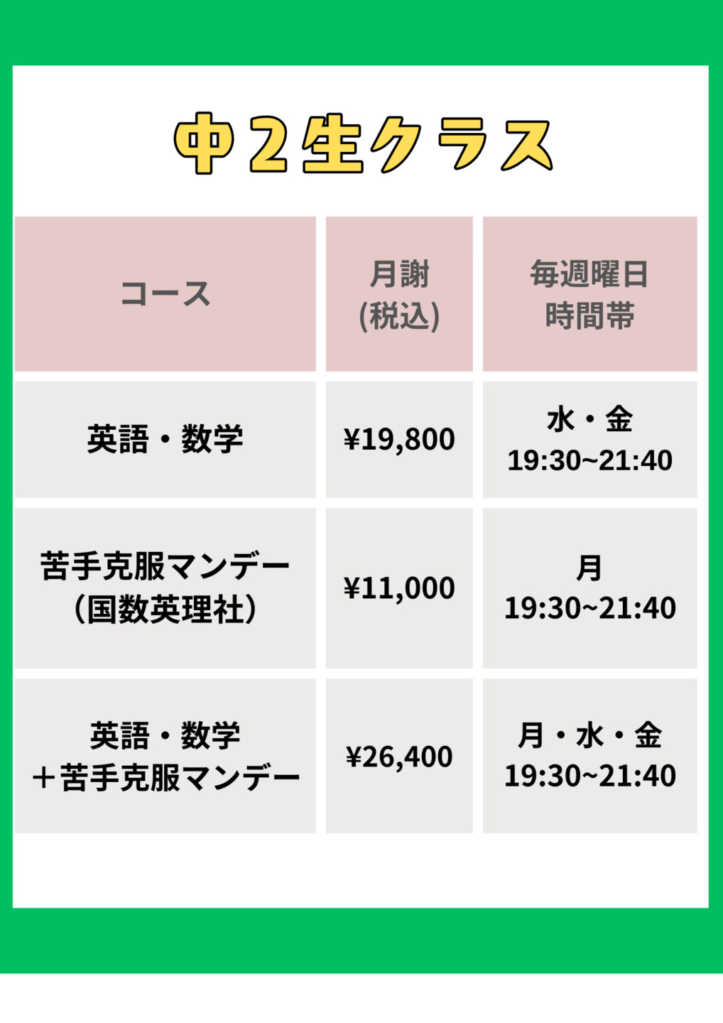 中2生クラス料金表