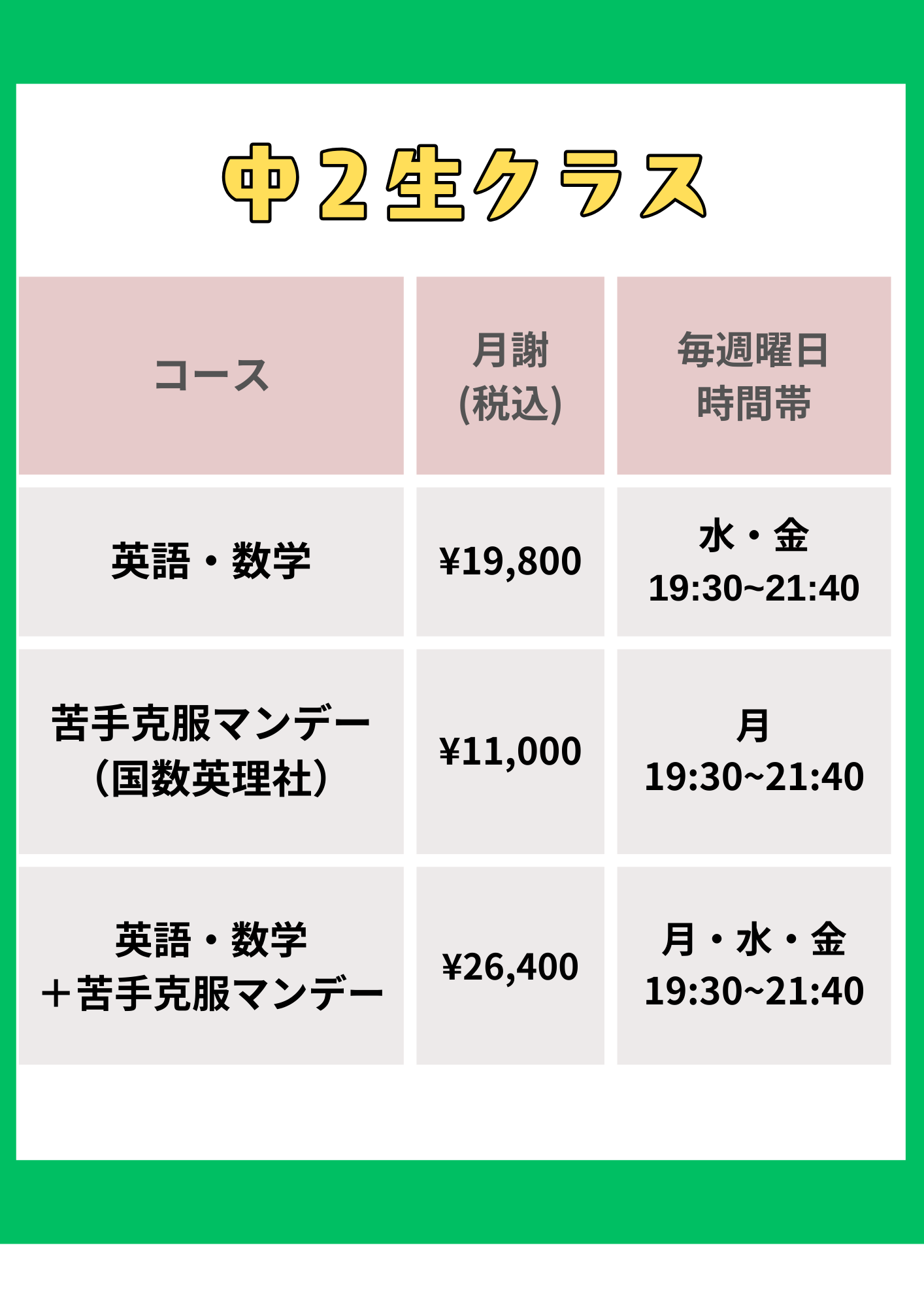 中2生クラス料金表