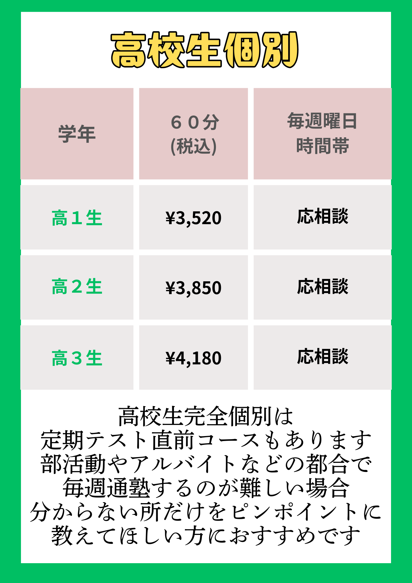 高校生コース料金表