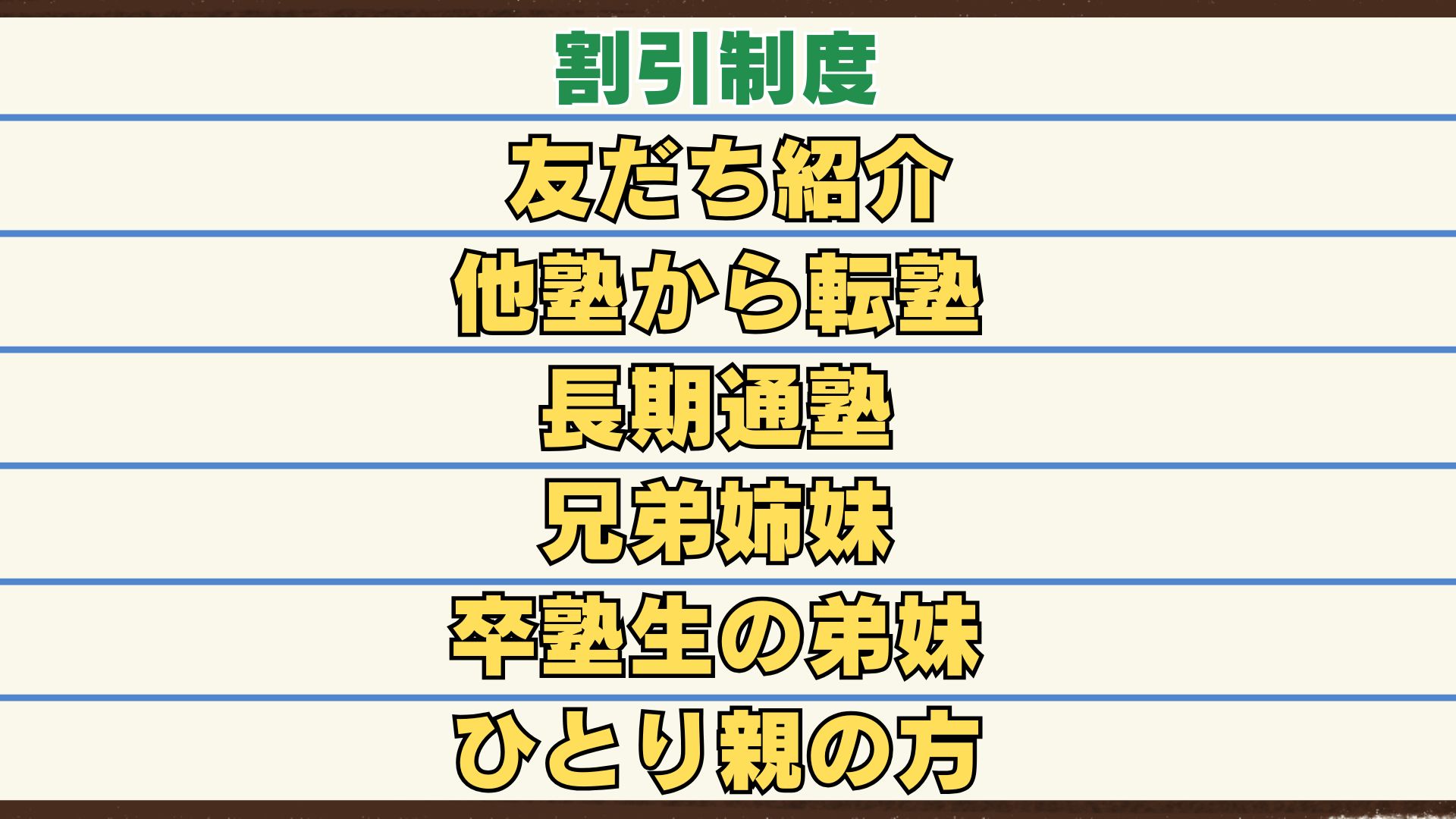 割引制度
友達紹介・長期通塾・兄弟姉妹・ひとり親の方など