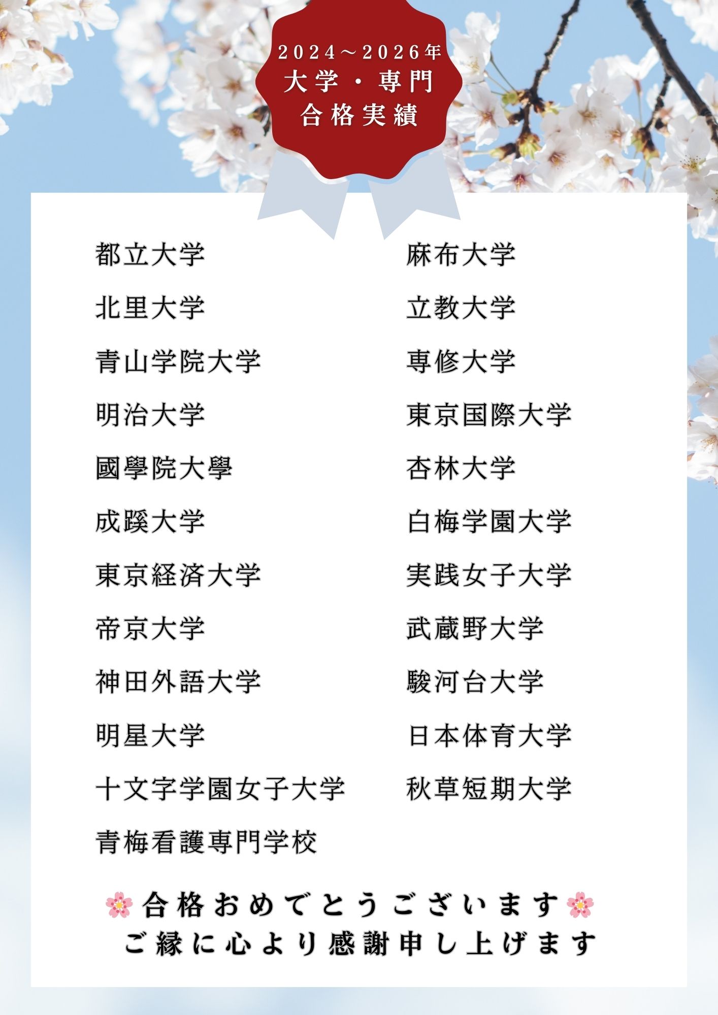 大学・専門学校合格実績2024～2026