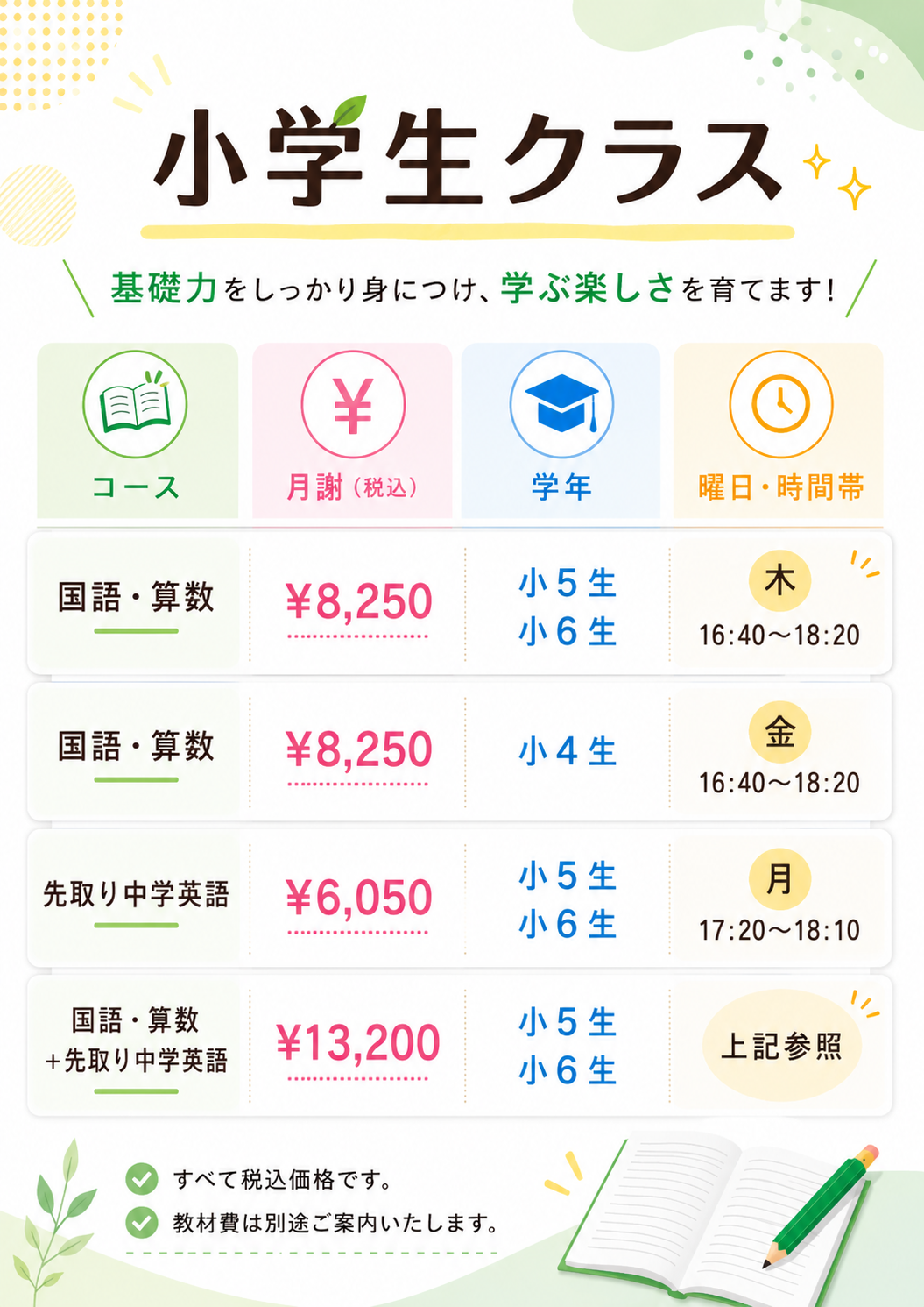 小学生クラス料金表
