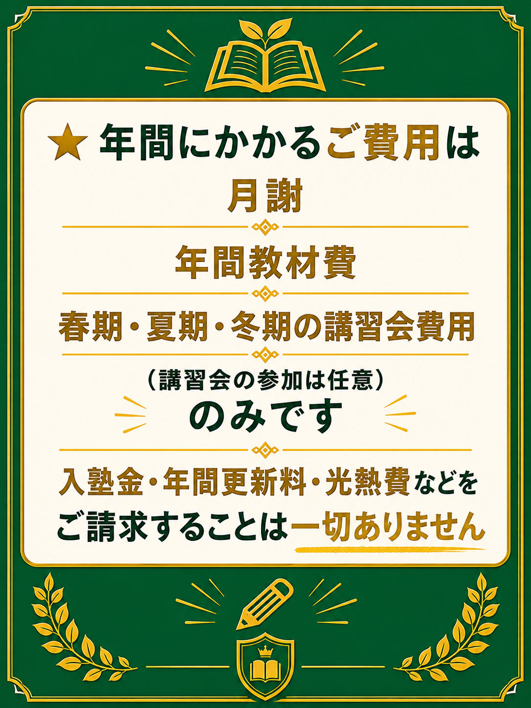 年間にかかる費用は、月謝・年間教材費・講習会費用のみです